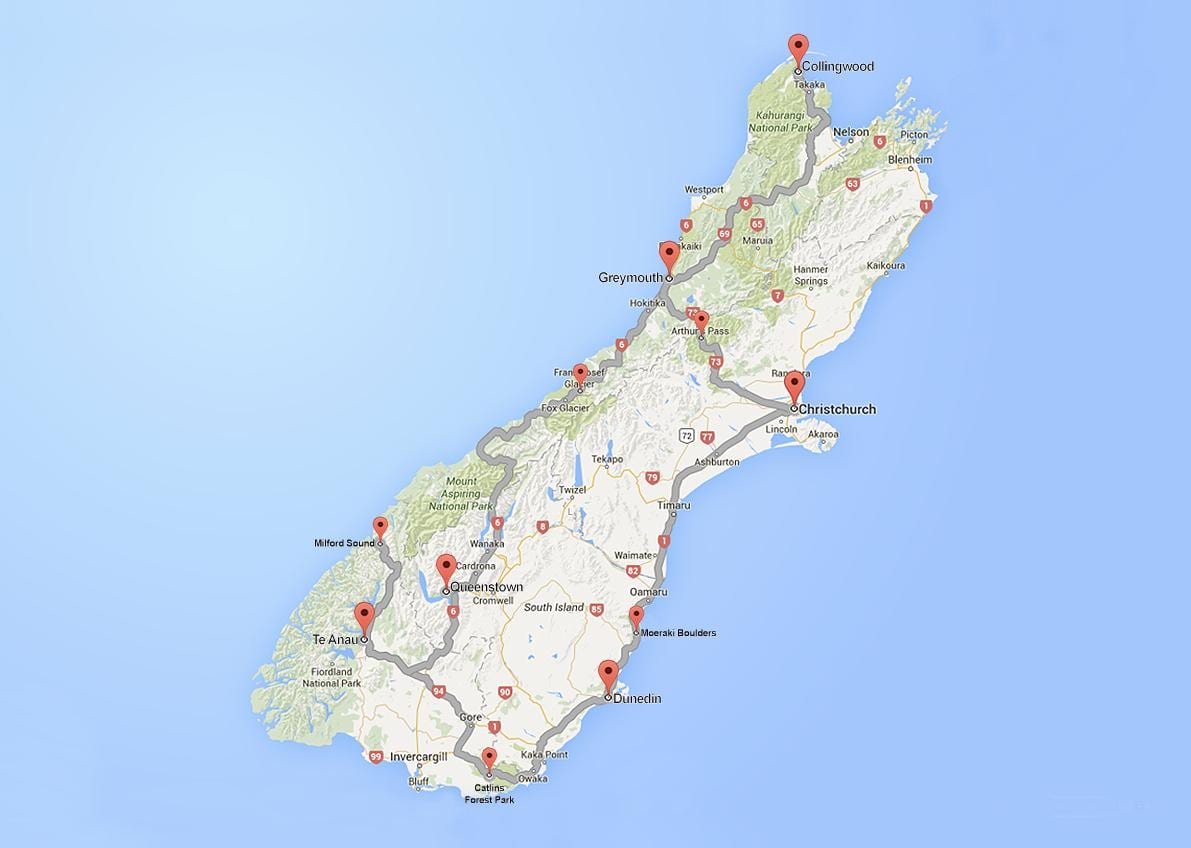 részletes térkép a déli sziget, új-zéland