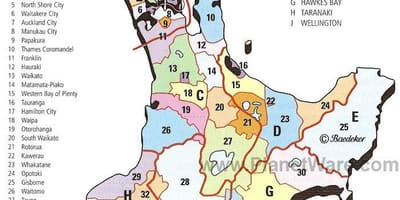 Térkép új-zélandi északi-sziget régiók, illetve kerületek